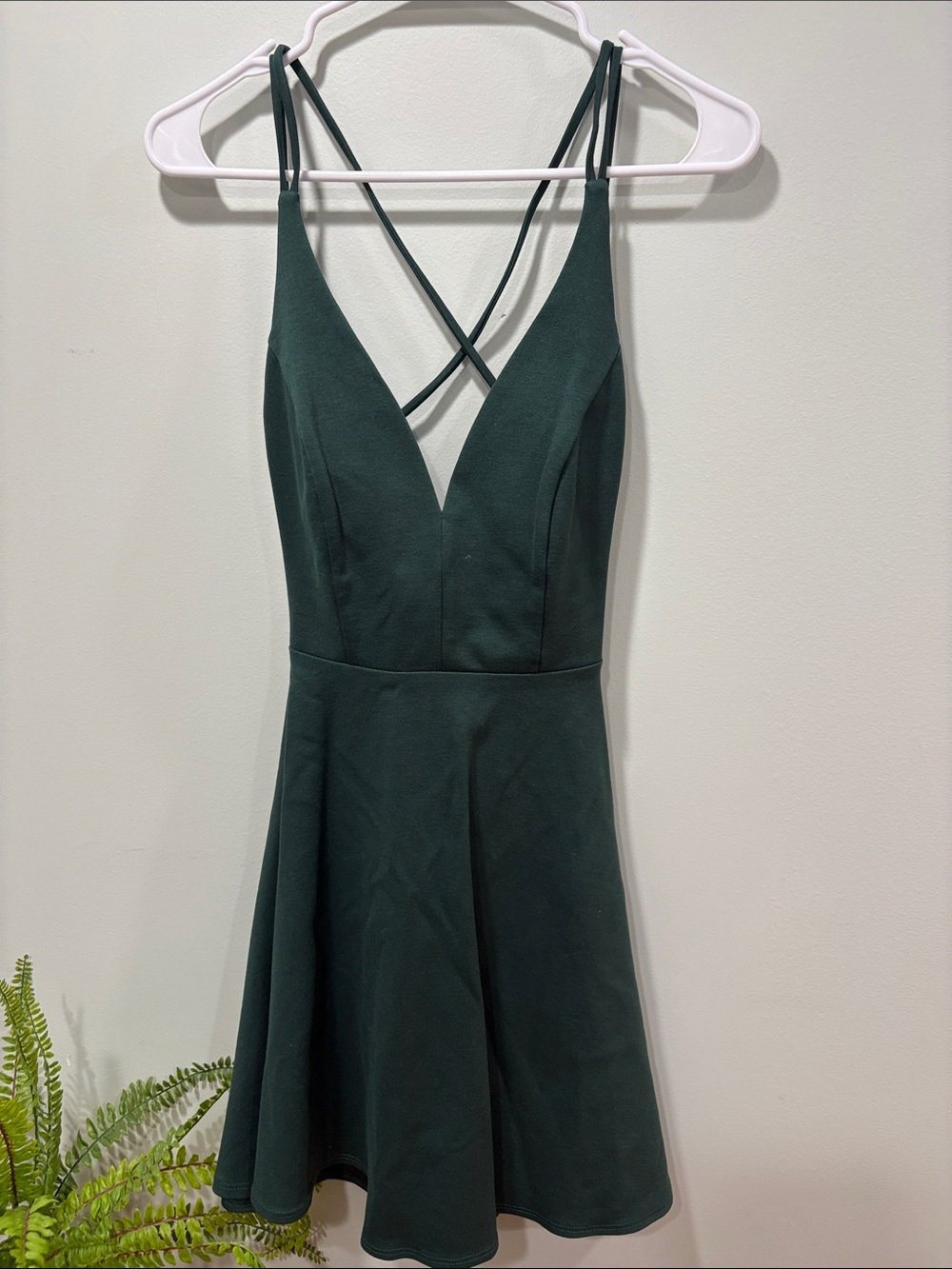 Lulus Deep Green V-Neck Fit & Flare Dress with Crisscross Back